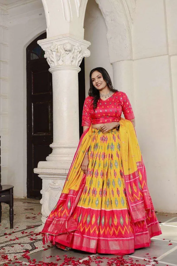Yellow_Dola_Silk_Lehenga_Choli_With_Red_Blouse_Patola_Print_Foil_Work_Wedding_Festive_Wear