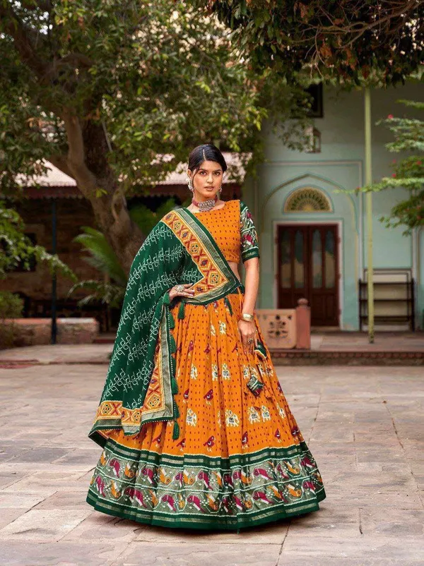 Green_Tussar_Silk_Lehenga_Choli_With_Yellow_Blouse_Patola_Print_Foil_Work_Wedding_Festive_Wear