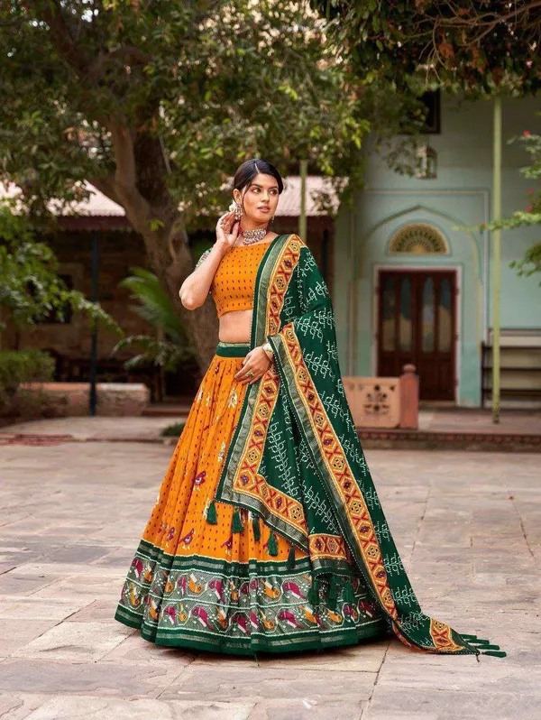 Green_Tussar_Silk_Lehenga_Choli_With_Yellow_Blouse_Patola_Print_Foil_Work_Wedding_Festive_Wear
