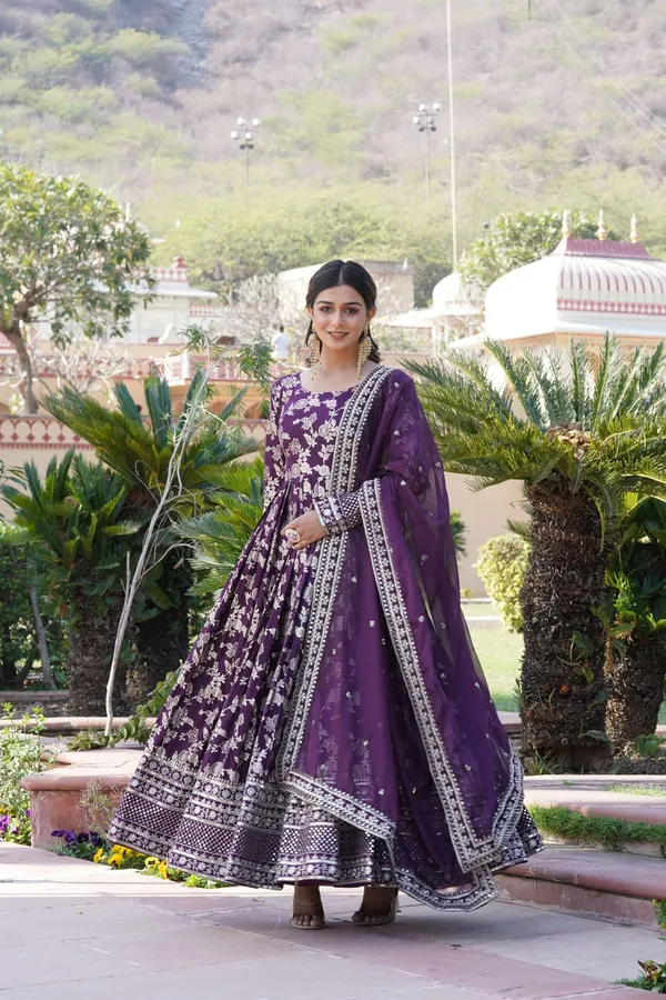 Wine_Viscose_Dyable_Jacquard_Gown_With_Russian_Silk_Sequined_Dupatta_Elegant_Party_Wedding_Set