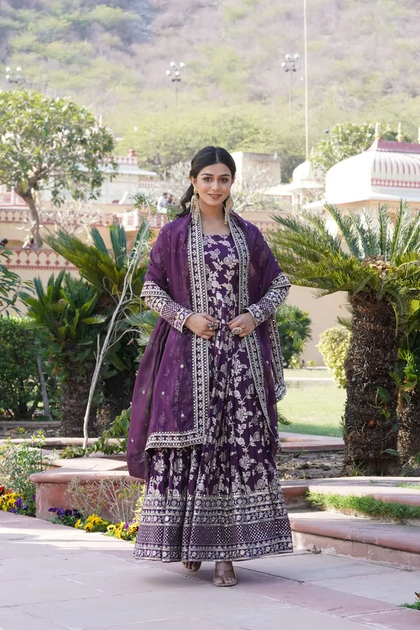 Wine_Viscose_Dyable_Jacquard_Gown_With_Russian_Silk_Sequined_Dupatta_Elegant_Party_Wedding_Set