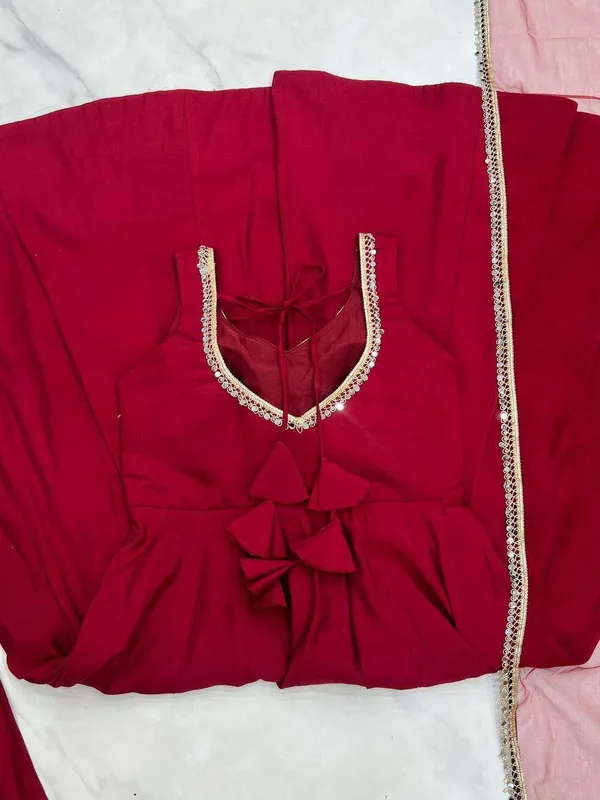 Womens_Pure_Romansilk_Chanderi_Anarkali_Kurti_With_Pant_Dupatta_Set