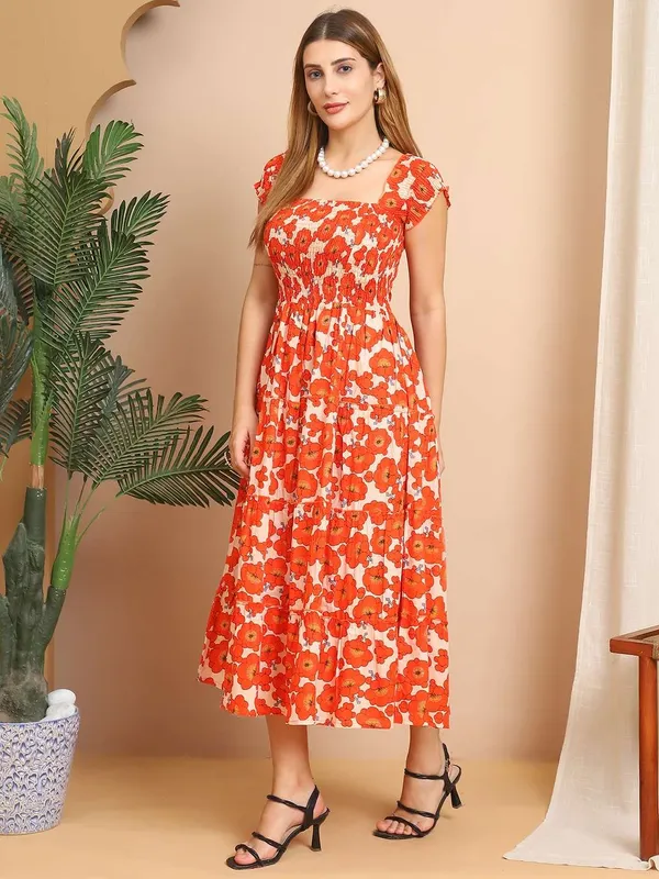 Women_S_Viscos_Rayon_Printed_Off_Shoulder_Midi_Dress_For_Summer_And_Casual_Wear_Orange_Floral