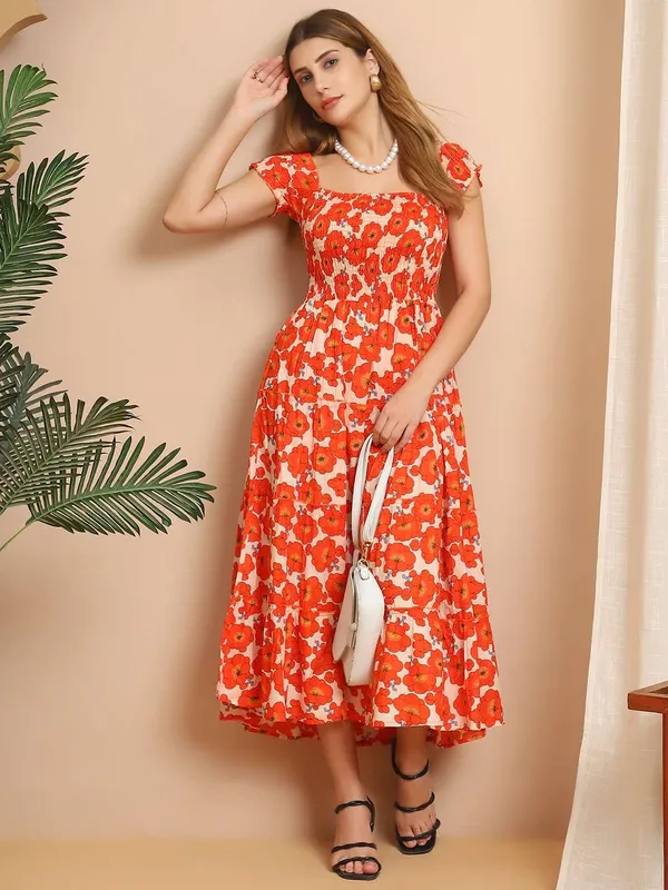 Women_S_Viscos_Rayon_Printed_Off_Shoulder_Midi_Dress_For_Summer_And_Casual_Wear_Orange_Floral