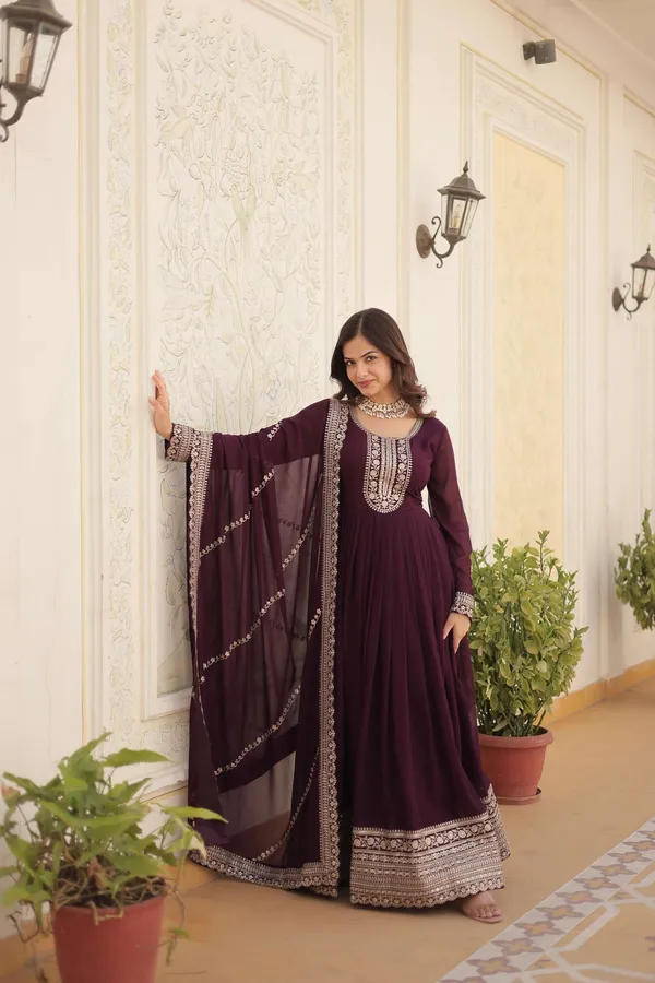 Wine_Faux_Blooming_Sequins_Embroidered_Gown_With_Matching_Dupatta_Festive_Party_Wear_2024