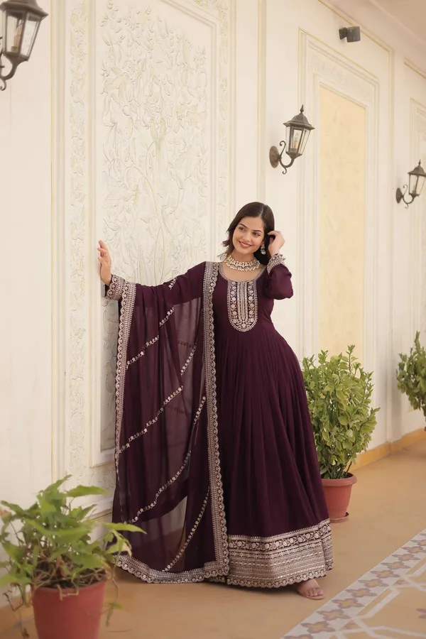 Wine_Faux_Blooming_Sequins_Embroidered_Gown_With_Matching_Dupatta_Festive_Party_Wear_2024