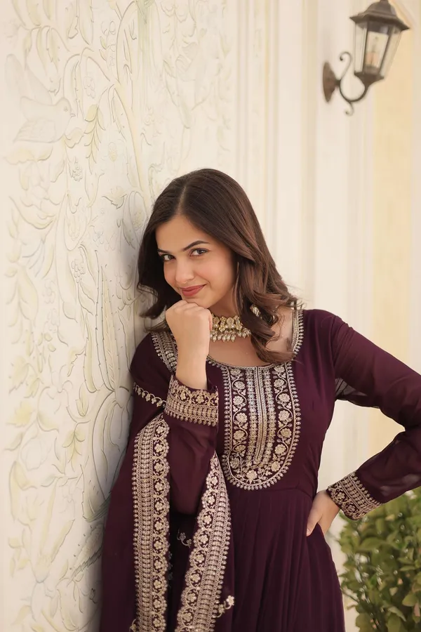 Wine_Faux_Blooming_Sequins_Embroidered_Gown_With_Matching_Dupatta_Festive_Party_Wear_2024