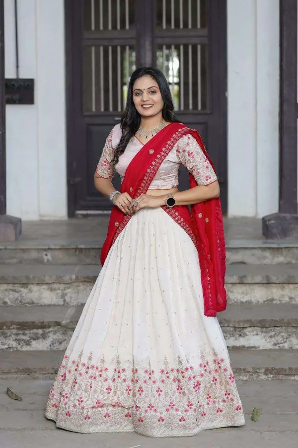 White_Vichitra_Silk_Lehenga_Choli_With_Red_Blouse_Sequins_Thread_Embroidery_Bridesmaid_Wedding_Wear