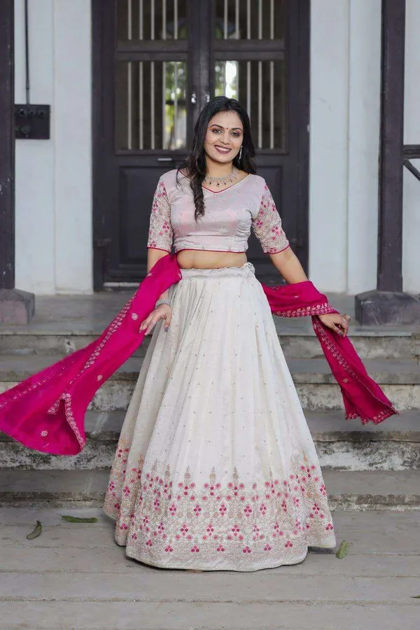White_Vichitra_Silk_Lehenga_Choli_With_Red_Blouse_Sequins_Thread_Embroidery_Bridesmaid_Wedding_Wear