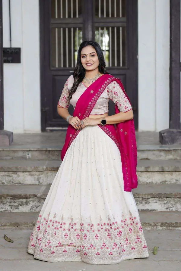 White_Vichitra_Silk_Lehenga_Choli_With_Red_Blouse_Sequins_Thread_Embroidery_Bridesmaid_Wedding_Wear