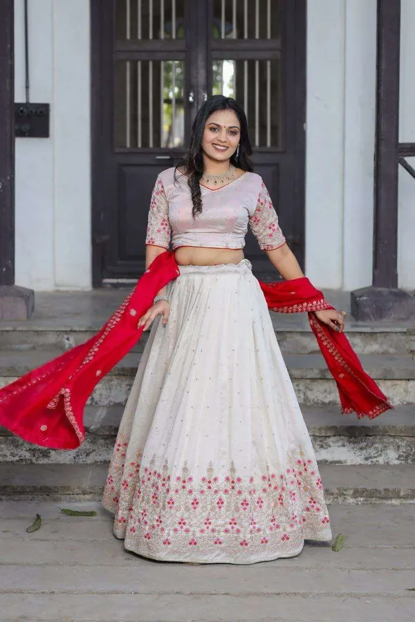 White_Vichitra_Silk_Lehenga_Choli_With_Red_Blouse_Sequins_Thread_Embroidery_Bridesmaid_Wedding_Wear