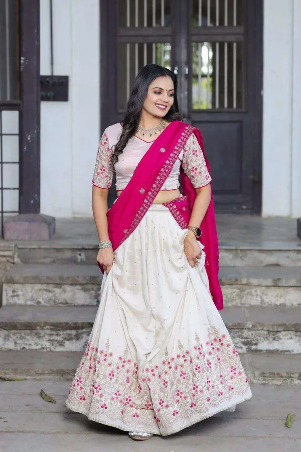 White_Vichitra_Silk_Lehenga_Choli_With_Red_Blouse_Sequins_Thread_Embroidery_Bridesmaid_Wedding_Wear