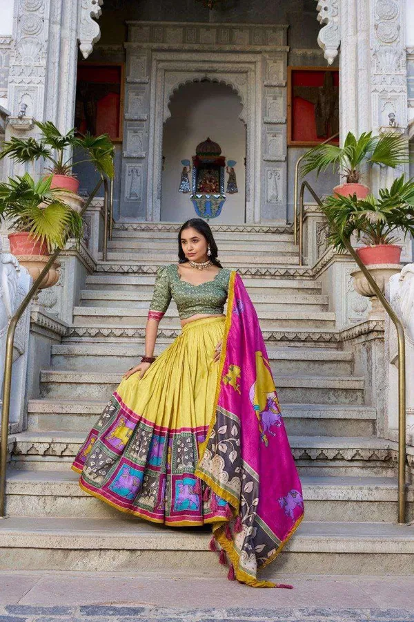 Grey_Tussar_Silk_Lehenga_Choli_With_Pink_Blouse_Kalamkari_Foil_Work_Wedding_Festive_Wear