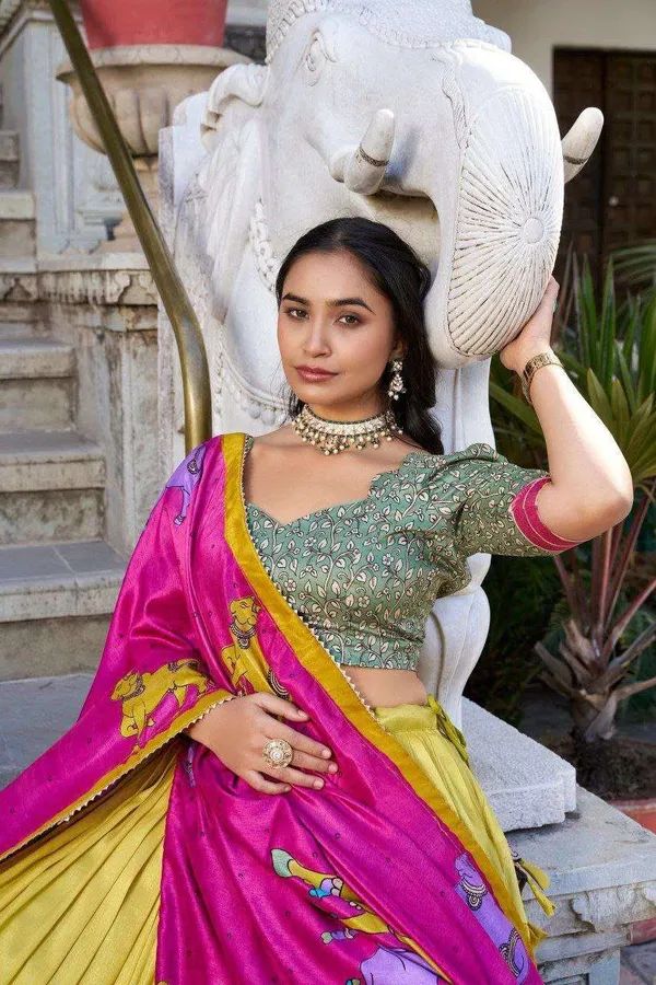 Grey_Tussar_Silk_Lehenga_Choli_With_Pink_Blouse_Kalamkari_Foil_Work_Wedding_Festive_Wear
