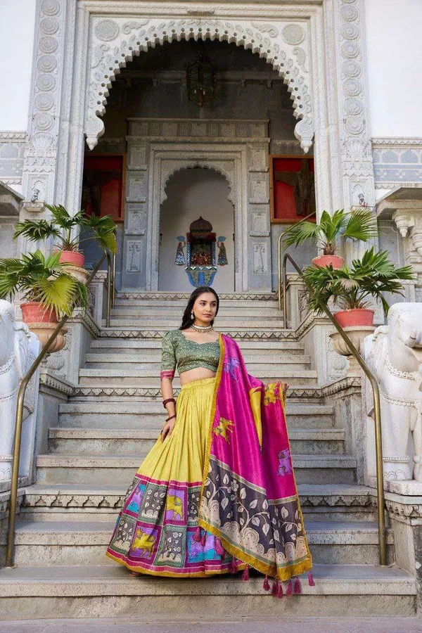 Grey_Tussar_Silk_Lehenga_Choli_With_Pink_Blouse_Kalamkari_Foil_Work_Wedding_Festive_Wear
