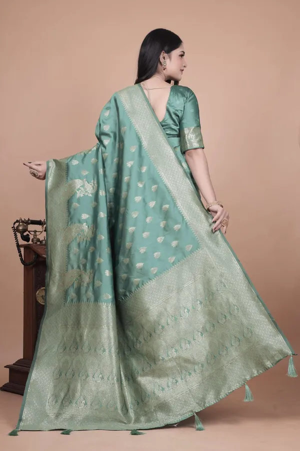 Mint_Green_Banarasi_Silk_Saree_With_Golden_Zari_Peacock_Design_Wedding_Festive_Traditional_Wear_Designer_Saree