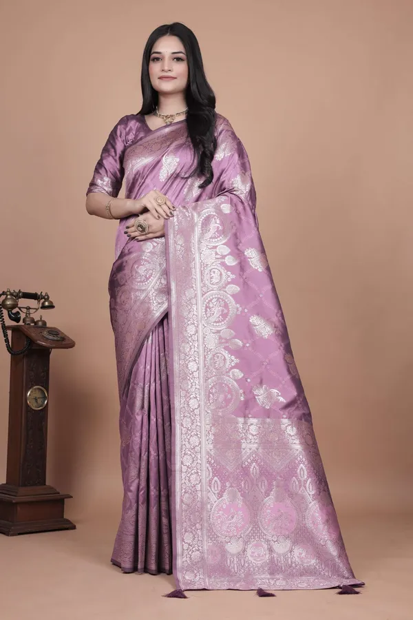 Lavender_Banarasi_Silk_Saree_With_Silver_Zari_Floral_Paisley_Motifs_Wedding_Festive_Traditional_Wear
