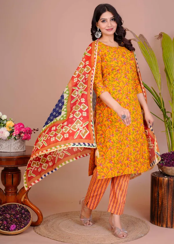 Women_S_Yellow_Cotton_Printed_Straight_Kurti_With_Pant_Dupatta_Set