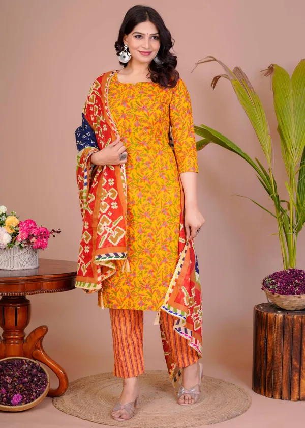 Women_S_Yellow_Cotton_Printed_Straight_Kurti_With_Pant_Dupatta_Set