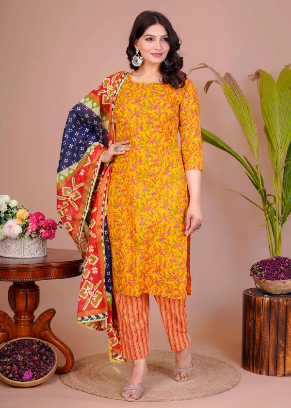 Women_S_Yellow_Cotton_Printed_Straight_Kurti_With_Pant_Dupatta_Set