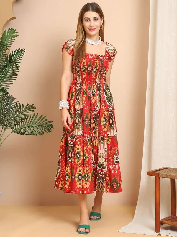 Women_S_Viscos_Rayon_Printed_Off_Shoulder_Midi_Dress_For_Summer_And_Casual_Wear_Red