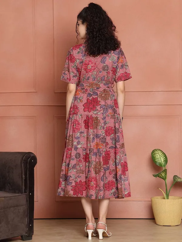 Women_S_Cotton_Printed_A_Line_Midi_Dress_Short_Sleeve_Flared_Gown_Dress_Pink