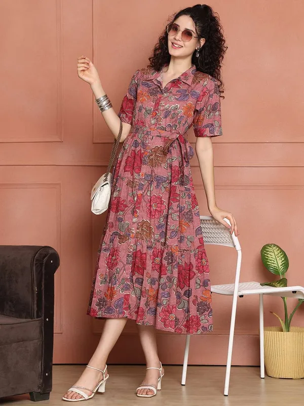Women_S_Cotton_Printed_A_Line_Midi_Dress_Short_Sleeve_Flared_Gown_Dress_Pink