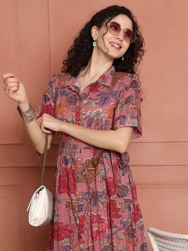 Women_S_Cotton_Printed_A_Line_Midi_Dress_Short_Sleeve_Flared_Gown_Dress_Pink