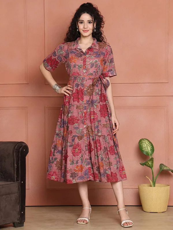 Women_S_Cotton_Printed_A_Line_Midi_Dress_Short_Sleeve_Flared_Gown_Dress_Pink