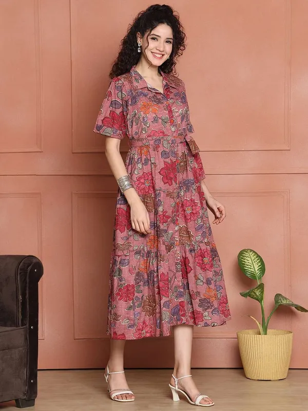 Women_S_Cotton_Printed_A_Line_Midi_Dress_Short_Sleeve_Flared_Gown_Dress_Pink