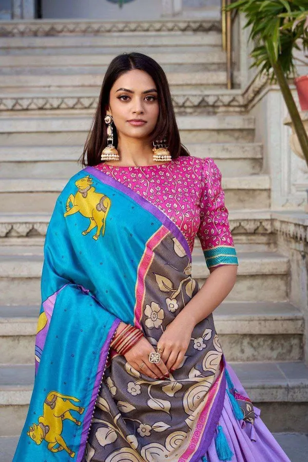 Sky_Blue_Tussar_Silk_Lehenga_Choli_With_Baby_Pink_Blouse_Kalamkari_Foil_Work_Wedding_Festive_Wear