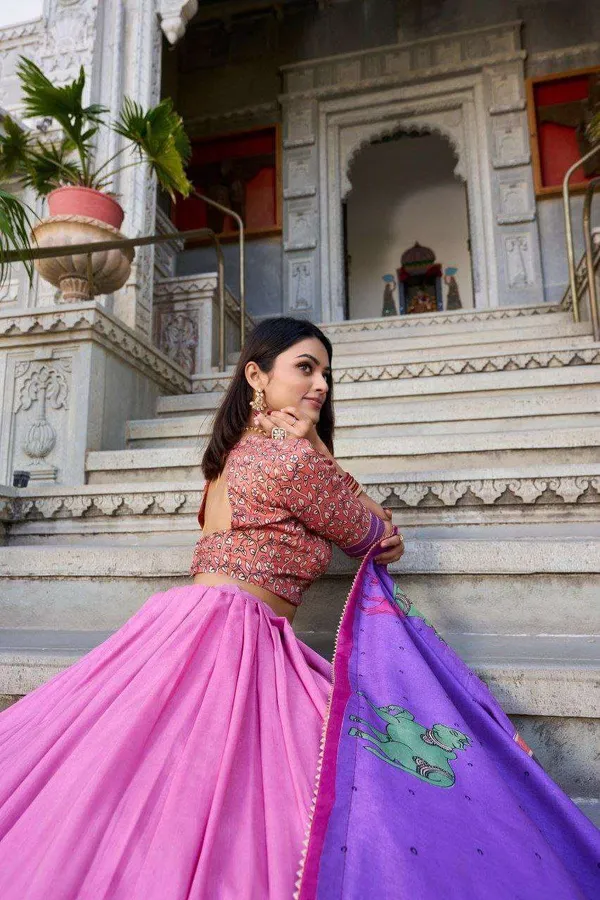 Sky_Blue_Tussar_Silk_Lehenga_Choli_With_Baby_Pink_Blouse_Kalamkari_Foil_Work_Wedding_Festive_Wear