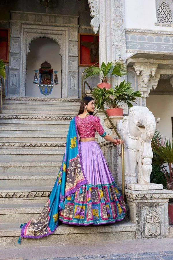 Sky_Blue_Tussar_Silk_Lehenga_Choli_With_Baby_Pink_Blouse_Kalamkari_Foil_Work_Wedding_Festive_Wear