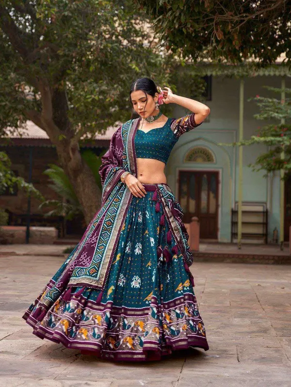Maroon_Tussar_Silk_Lehenga_Choli_With_Bottle_Green_Blouse_Patola_Print_Foil_Work_Wedding_Festive_Wear