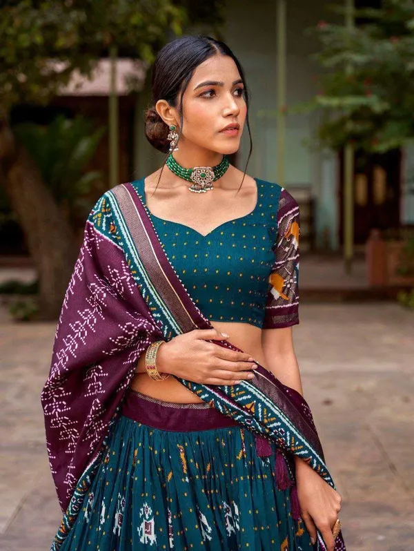 Maroon_Tussar_Silk_Lehenga_Choli_With_Bottle_Green_Blouse_Patola_Print_Foil_Work_Wedding_Festive_Wear