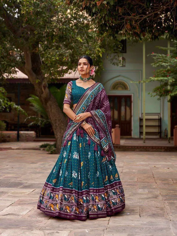 Maroon_Tussar_Silk_Lehenga_Choli_With_Bottle_Green_Blouse_Patola_Print_Foil_Work_Wedding_Festive_Wear
