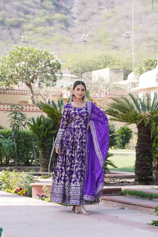 Purple_Viscose_Dyable_Jacquard_Gown_With_Russian_Silk_Sequined_Dupatta_Elegant_Party_Wedding_Set