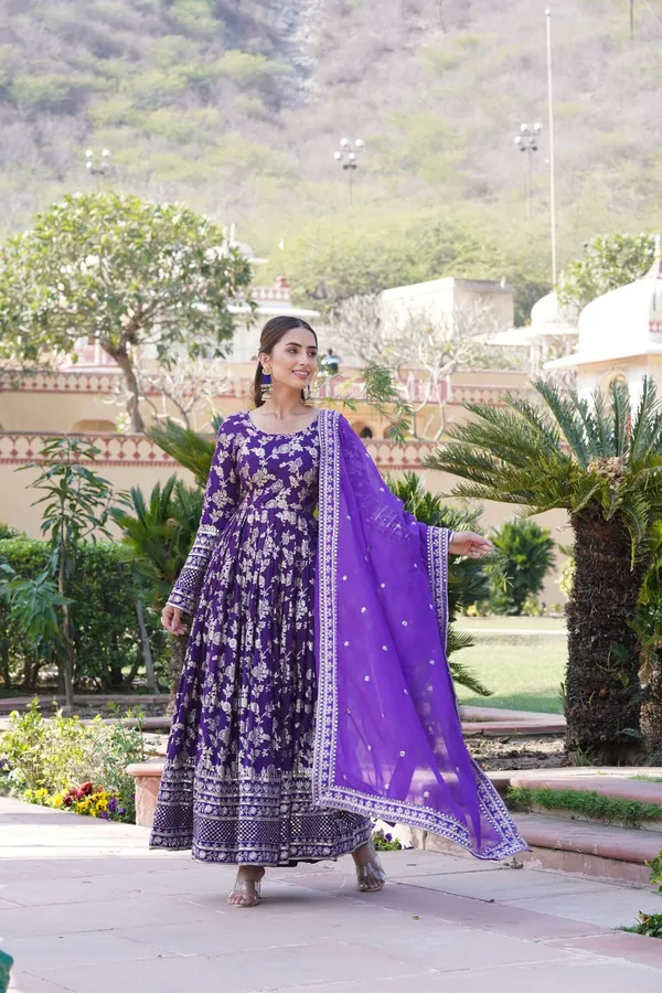 Purple_Viscose_Dyable_Jacquard_Gown_With_Russian_Silk_Sequined_Dupatta_Elegant_Party_Wedding_Set