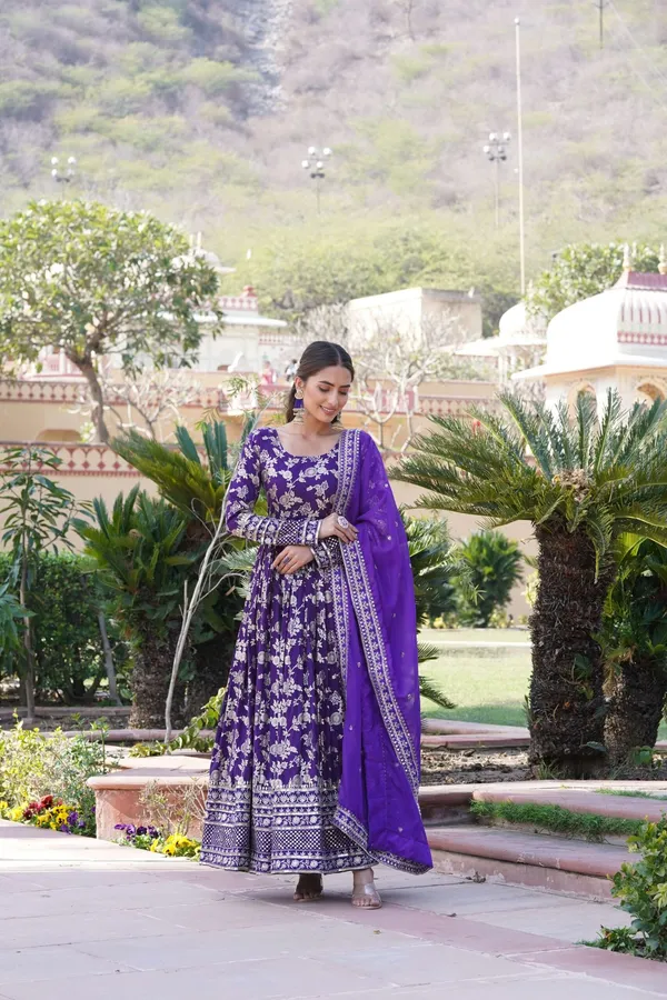 Purple_Viscose_Dyable_Jacquard_Gown_With_Russian_Silk_Sequined_Dupatta_Elegant_Party_Wedding_Set