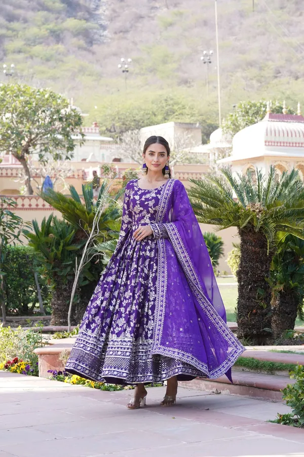 Purple_Viscose_Dyable_Jacquard_Gown_With_Russian_Silk_Sequined_Dupatta_Elegant_Party_Wedding_Set