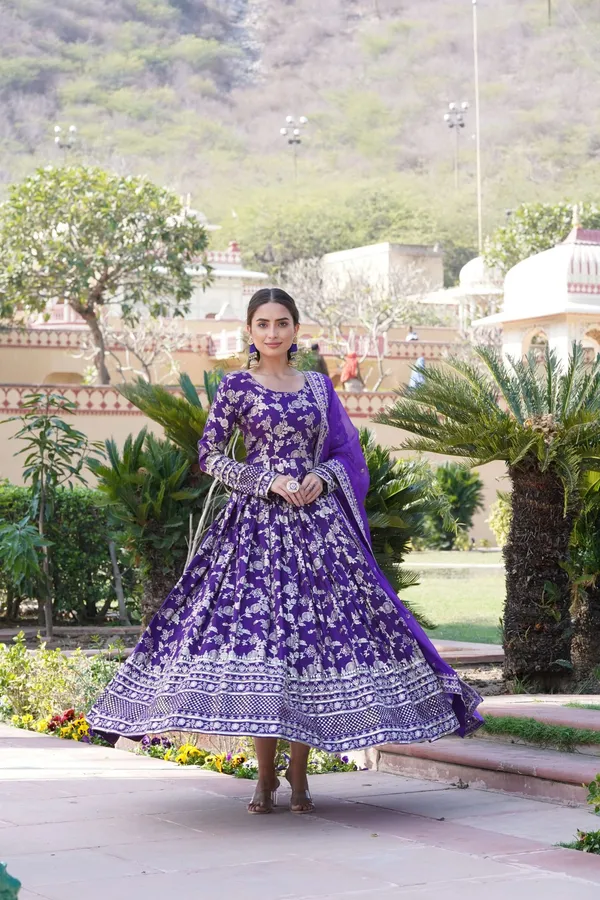 Purple_Viscose_Dyable_Jacquard_Gown_With_Russian_Silk_Sequined_Dupatta_Elegant_Party_Wedding_Set