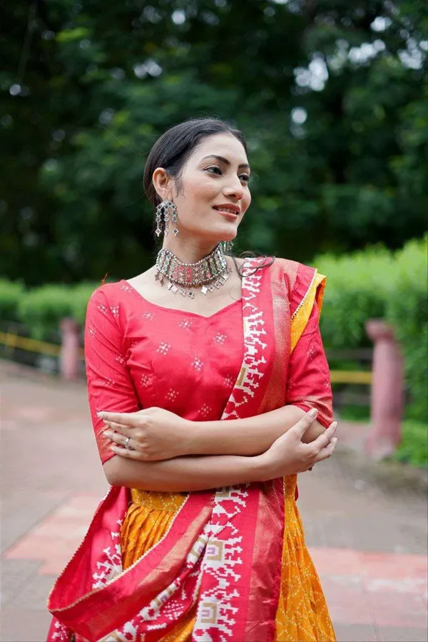 Yellow_Dola_Silk_Lehenga_Choli_With_Vibrant_Red_Blouse_Bandhej_Ajarakh_Print_Wedding_Festive_Wear