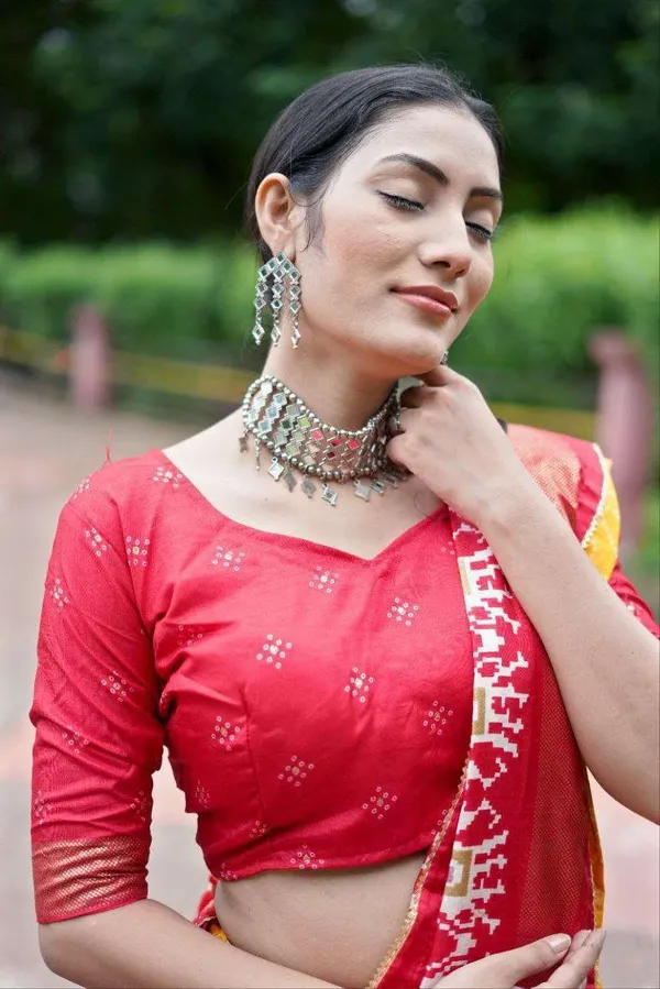 Yellow_Dola_Silk_Lehenga_Choli_With_Vibrant_Red_Blouse_Bandhej_Ajarakh_Print_Wedding_Festive_Wear