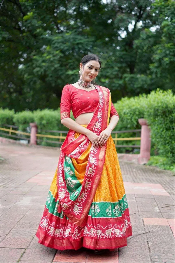 Yellow_Dola_Silk_Lehenga_Choli_With_Vibrant_Red_Blouse_Bandhej_Ajarakh_Print_Wedding_Festive_Wear