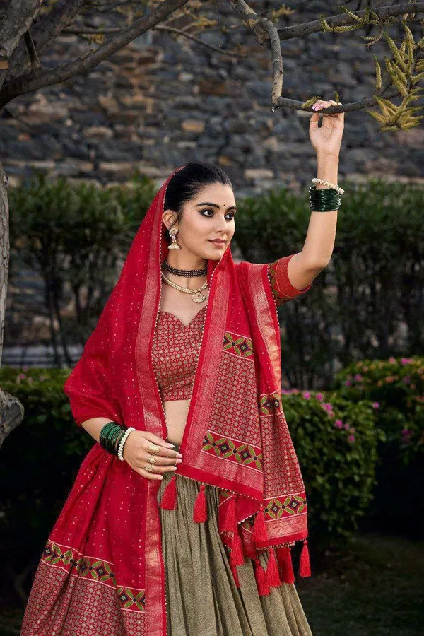 Green_Tussar_Silk_Lehenga_Choli_With_Red_Blouse_Floral_Foil_Print_Wedding_Festive_Wear