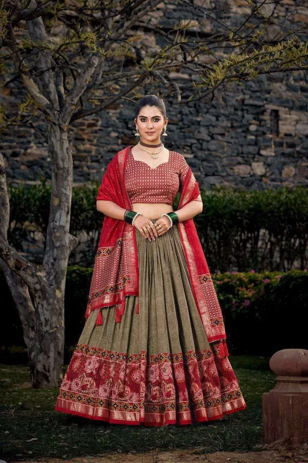 Green_Tussar_Silk_Lehenga_Choli_With_Red_Blouse_Floral_Foil_Print_Wedding_Festive_Wear