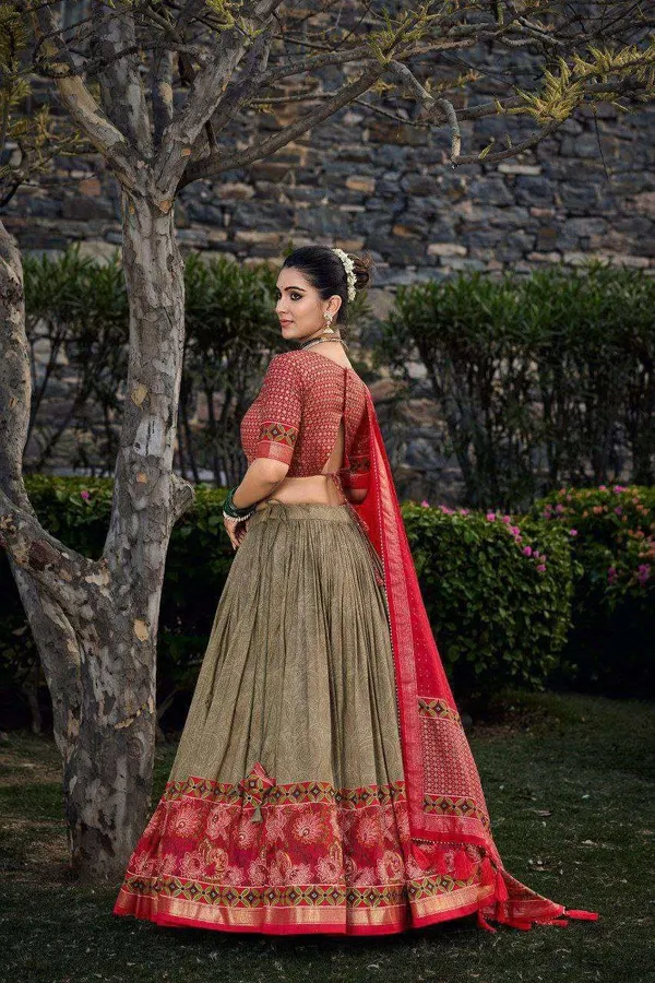 Green_Tussar_Silk_Lehenga_Choli_With_Red_Blouse_Floral_Foil_Print_Wedding_Festive_Wear