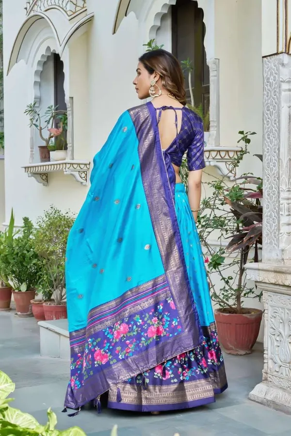 Sky_Blue_Tussar_Silk_Lehenga_Choli_With_Dark_Blue_Blouse_Minakari_Foil_Print_Wedding_Festive_Wear