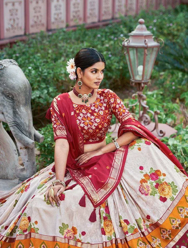 White_Tussar_Silk_Lehenga_Choli_With_Red_Blouse_Patola_Print_Foil_Work_Wedding_Festive_Wear