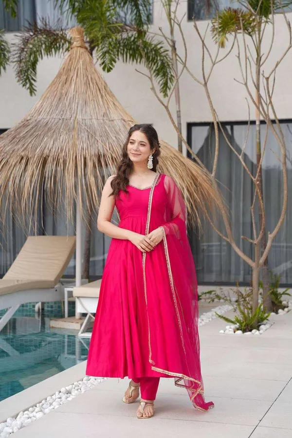 Womens_Pure_Romansilk_Chanderi_Anarkali_Kurti_With_Pant_Dupatta_Set